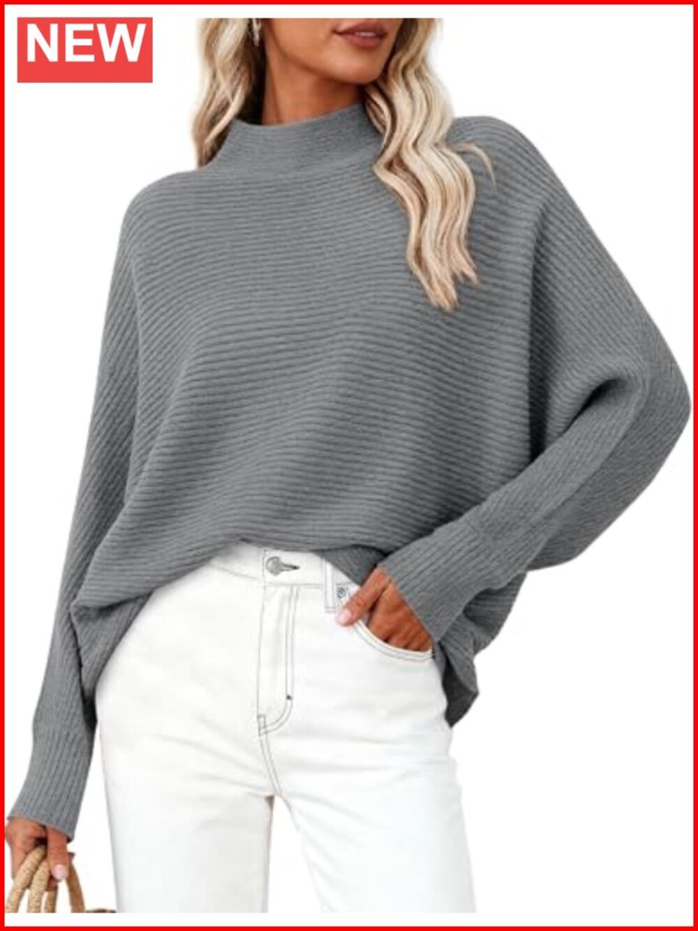 Womens Oversized Ribbed Knit Mock Neck Batwing Sleeve Pullover Sweater